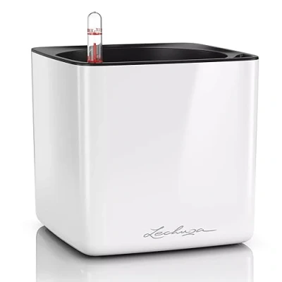 Imagen de LECHUZA Cube, 16 maceta de riego automático, pequeña, para interiores sin agujeros drenaje, poliresina, H16 L17 W17 cm, color blanco brillante
