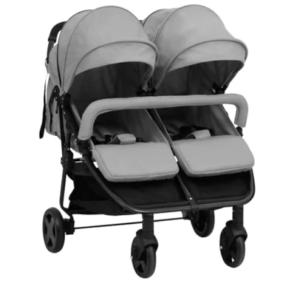 Imagen de vidaXL Carrito para Gemelos Cochecito Sillita Gemelar Silla de Paseo Canasta Niños Reposapiés Ajustable Dosel Plegable Acero Gris Claro y Negro