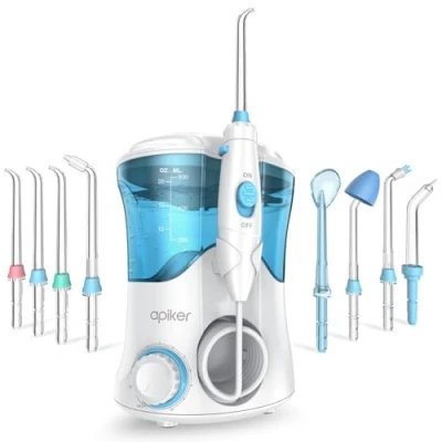 Imagen de Apiker Irrigador Dental Profesional con 8 Boquillas Multifuncionales, Bucal Capacidad de 600ml, 10 Ajustes Presión del agua, Limpieza Dientes, Aprobado por la FDA,Blanco