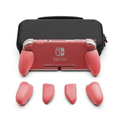 Imagen de Skull &amp; Co. GripCase Lite Bundle: A Comfortable Protective Case with Replaceable Grips [to fit All Hands Sizes] for Nintendo Switch [with Carrying Case] Coral