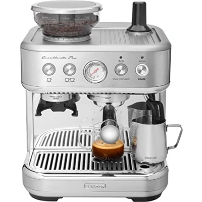Imagen de cafetera automatica con molinillo Sencor grano Barista Express, acero inoxidable cepillado, tanque de agua y café gran capacidad, boquilla vapor cappuccino SES 6010SS