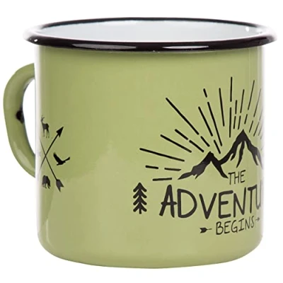Imagen de MUGSY taza esmaltada con texto &quot;The Adventure Begins&quot; 330 ml, de camping, equipo diseño retro, color verde