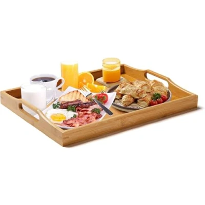 Imagen de Bandeja Grande de bambú para Servir con Asas, el Desayuno, Té, Mesa Café, Rústica Decorativa Otomán Mayordomo (Natural, 1)