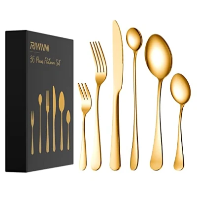 Imagen de RIWNNI 36 Piezas Cubiertos Acero Inoxidable,Juego de para 6,Cuberterias Completas Modernas Incluye Cuchara, Tenedor, Cuchillo, Cuchara Té, Tenedor Ensalada, Postre Oro