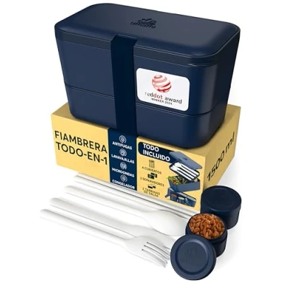 Imagen de Umami Fiambrera Para Comida De Trabajo, Bento Lunch Box, Apilable, Con 4 Compartimentos, Cubiertos, Botes Salsa, Caja Almuerzo, Apta Microondas, Porta Alimentos 100% Hermética