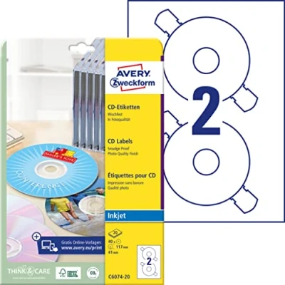 Imagen de Avery Zweckform C6074 20 Etiqueta autoadhesiva (Blanco, Círculo, Permanente, A4, CD/DVD, Papel)