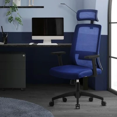 Imagen de ML Design Silla de Oficina Ergonómica Azul Marino Malla Asiento Escritorio Ordernador con Resposabrazos Acolchado, Reposacabezas Regulable, Soporte Lumbar, Función Balancín y Giratoria 360