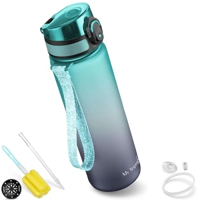 Imagen de My Vesperbox Minny Botella infantil a prueba de fugas, con pajita o filtro, 350, 500 750 ml, ligera, tritán, sin bisfenol A, para guardería y escuela, beber (gris azul, ml)