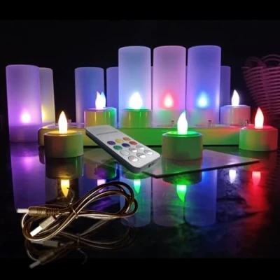Imagen de Velas eléctricas y LED sin Llama con Mando a distancia llama, Base recargable, para fiestas, Día de San Valentín, Halloween, decoración Navidad, bodas (12 unidades copas esmeriladas)