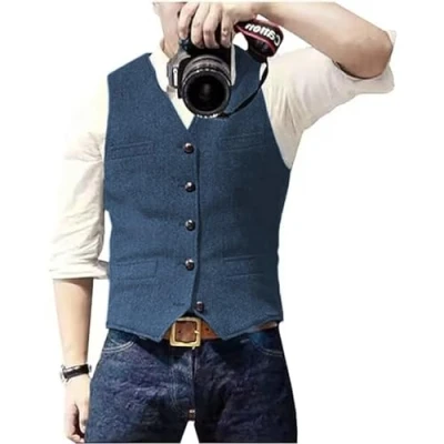 Imagen de Solovedress Traje de espiga lana casual para hombre, chaleco con cuello en V, tweed novios boda, azul, M