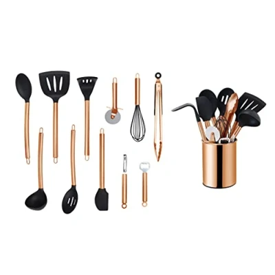 Imagen de ECHTWERK utensilios de cocina, juego cocina 12 piezas, con mango acero inoxidable, soporte para utensilios, silicona antiadherente, edición dorada