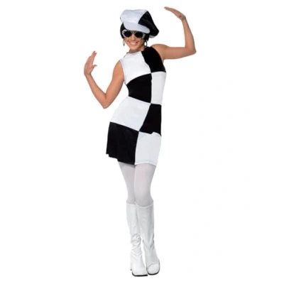 Imagen de Smiffys Disfraz de fiesta chica años 60, negro y blanco, con vestido sombrero