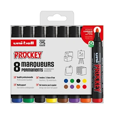 Imagen de Uni Ball Prockey Mitsubishi Pencil Rotulador permanente inodoro PM122 Multisoporte, base de agua, sin olor, punta cónica media 1,2 1,8 mm Paquete 8 colores