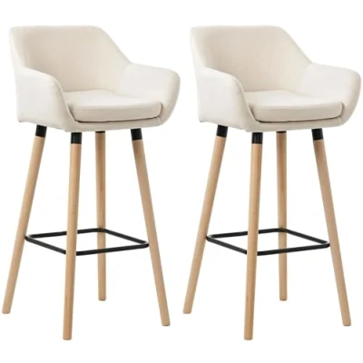 Imagen de CLP Set De 2 Taburetes Grant Tapizados En Tela con Respaldo &amp; Reposapiés I Sillas Bar Base Madera Reposapiés, Color:Beige
