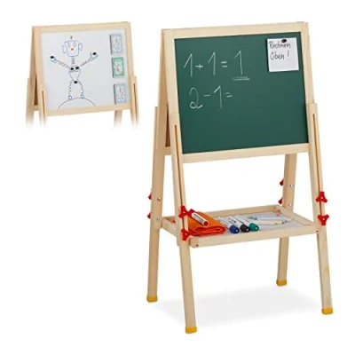 Imagen de Relaxdays Pizarra Infantil Doble, Altura Ajustable, Magnética, Rotuladores y Tizas, Madera, 81 104 x 45 42 cm, Marrón
