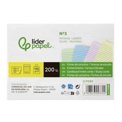 Imagen de Tarjeta ficha liderpapel para estudiar rayada cartulina de colores 170 gr/m2 125x200mm paquete 200 unidades.