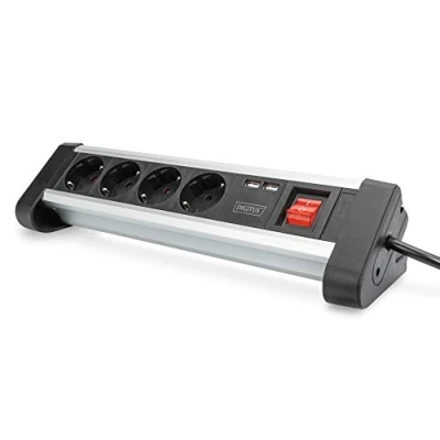 Imagen de DIGITUS Regleta con USB, 2 Puertos de Carga USB A, 4 Tomas Corriente, Interruptor, Montaje en Escritorio y Pared, Aluminio, negro/plateado.