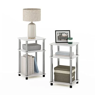 Imagen de Furinno Solo 3 Niveles, Mesa Auxiliar, mesita de Noche, Madera ingeniería, Roble Blanco/Cromado, Paquete 2