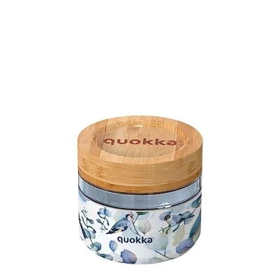 Imagen de Quokka Deli Blue Nature 500 ML Recipiente Hermetico Para Comida De Cristal Con Tapa Bambu Y Funda Siliciona