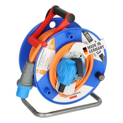 Imagen de Brennenstuhl Enrollador de cable camping con 25 m, acoplamiento en ángulo CEE incluye toma combinada contacto protección y enchufe CEE, para uso exteriores, naranjo