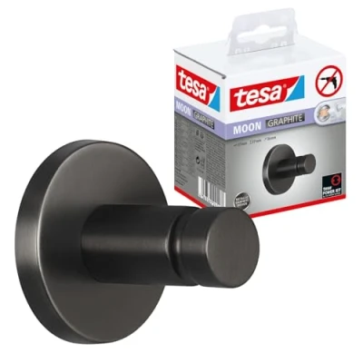 Imagen de tesa MOON Gancho Autoadhesivo para Toallas Colgador de Metal Revestido PVD, Cepillado en Grafito sin Taladrar, Incluye Solución Adhesiva 37 mm x 36