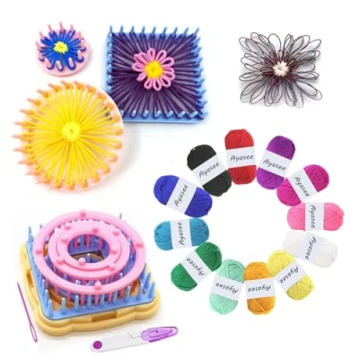 Imagen de Ayasee kit de telar para tejer, tejer flores, telares marco, lana redondos/cuadrados, manualidades multicolor (fabricante flores + hilo)