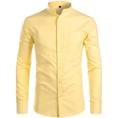 Imagen de PARKLEES Camisa Oxford de manga larga con cuello abuelo para hombre, diseño hipster, casual, botones y bolsillo, Pz112 amarillo, M