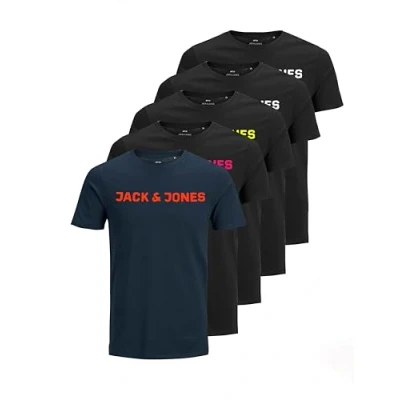 Imagen de JACK &amp; JONES Camiseta para hombre con estampado, cuello redondo y logotipo de JJECORP Tee SS, en paquete ahorro, XL