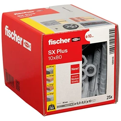 Imagen de fischer 568110 Taco de expansión SX Plus 10 x 80, caja con 25 anclajes nylon, para una sujeción óptima al fijar en hormigón, ladrillo macizo, (Caja unidades)