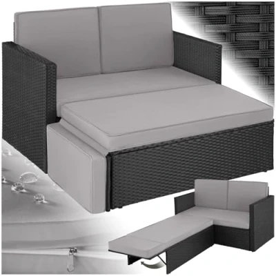 Imagen de TecTake® Sofá de Ratán con Taburete Reposapiés, Conjunto Jardín Sillón 2 Plazas, Mueble Exterior, Cojines Gruesos, Terraza Resistente a la Intemperie y Estructura en Acero Negro/Gris