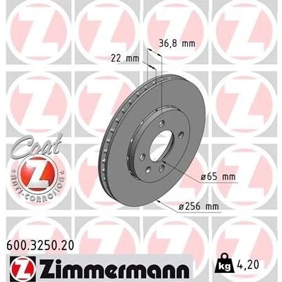 Imagen de ZIMMERMANN COAT Z 600.3250.20 Disco de freno 256 22 5/4 4 100 ventilación externa revestido altamente carbonizado SEAT: Mii, VOLKSWAGEN: up! Hatchback