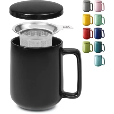 Imagen de Cosumy Taza de Te con Filtro y Tapa 500ml Ceramica Mantiene Caliente la Infusion Apta para Lavavajillas (Negro)