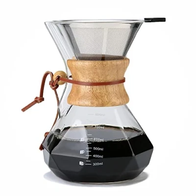 Imagen de Lalord cafetera para verter sobre café, pour over, jarra de vidrio borosilicato 27 onzas, filtro acero inoxidable doble capa y collar madera moderno