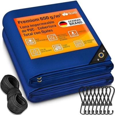 Imagen de tillvex® Lona con Ojales + 10 Ganchos y Cuerda de 15 m, 650 g/m² Exterior, Impermeable al desgarro, PVC Universal para Camiones, Piscinas, Muebles jardín, Cubierta