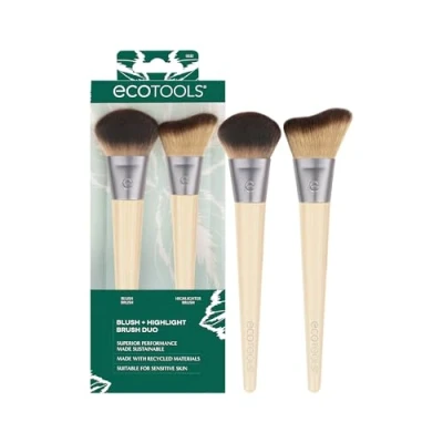 Imagen de EcoTools New Natural Blush &amp; Highlight Duo, Face Makeup Brushes For Liquid Cream Foundation, Contour, Highlight, Dense, Synthetic Bristles Blending, Vegan Cruelty Free, 2 Count