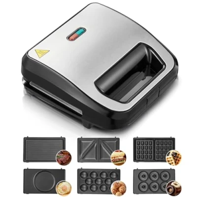 Imagen de Sandwichera 6 en 1, Grill, Gofrera, parrilla de contacto,Donas, Dispositivo multifunción, Placas Antiadherentes y Extraíbles, Asa Toque Frío, LED Indicadores Luminosos, Libre BPA, 750W