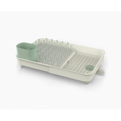 Imagen de Joseph Extend Escurreplatos extensible con soporte para cubiertos extraíble y drenaje giratorio, color Piedra/Salvia