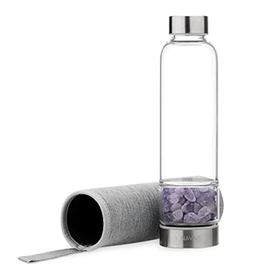 Imagen de Navaris Botella con Piedra Amatista de Agua Cristal 420 ML Funda Neopreno y Piedras Cuarzo Violeta Morado Decorativo