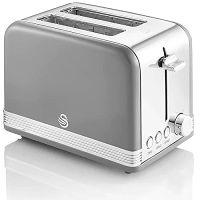 Imagen de Swan Retro ST19010GRNEU Tostadora Pan Ranura Ancha 2 Rebanadas, Diseño Vintage, 3 Funciones: Descongelación, Recalentamiento, Cancelación, Regulador 6 Niveles de Tostado, Acero Inoxidable, Gris, 815W