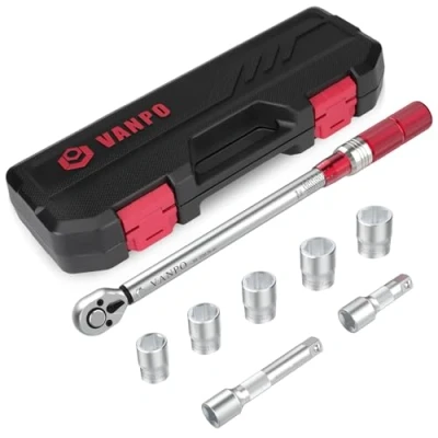 Imagen de VANPO Llave Dinamométrica 1/2&quot;, 20 220 Nm, Alta Precisión de ±3%, Barra Extensión 12,5 cm y 7,5 cm, 5 Tomas (17 mm, 19 21 23 24 mm) para Coche, Camión, Moto