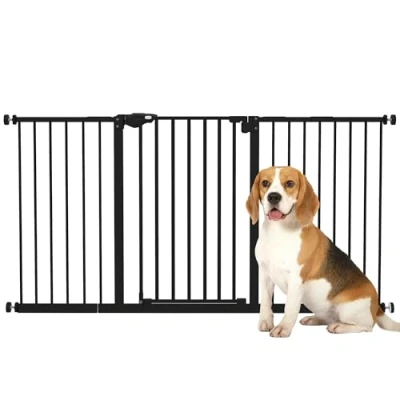 Imagen de PawHut Barrera de Seguridad Extensible para Puertas y Escaleras Perros con Cierre Automático Sistema Doble Bloqueo Metal 74 147,5x76,2 cm Negro