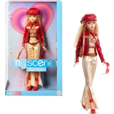 Imagen de Barbie Signature My Scene Muñeca y Accesorios, Conjunto Inspirado en los años 2000 con una Chaqueta de Piel sintética, Pantalones Acampanados un Bolso, Incluye Soporte para la muñeca, HYC17