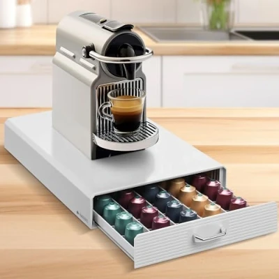 Imagen de Navaris Porta capsulas Dispensador Compatible con Nespresso y Tassimo Blanco cajón Soporte para cafetera Organizador 50x cápsula