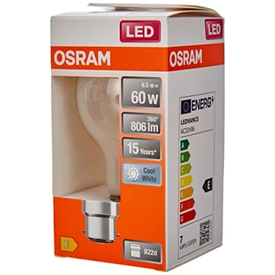 Imagen de OSRAM Lámpara LED Star de filamento esmerilado, casquillo B22d, blanco frío (4000K), forma bombilla, juego recambio para bombillas convencionales 60W, paquete 6