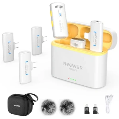 Imagen de NEEWER Micrófono Lavalier Inalámbrico Sistema para iPhone USB C Mini Clip on Mic Solapa con 2x Transmisor/4x Receptor/Adaptador OTG 200m Alcance Compatible Android Tablet PC, Blanco, KM20