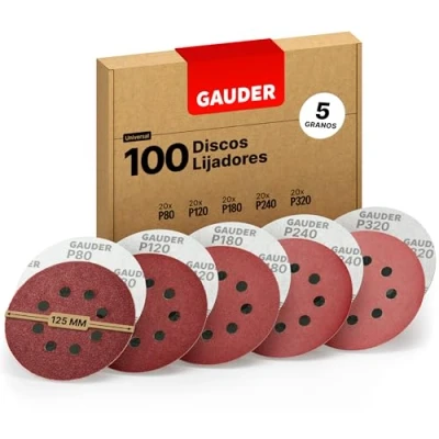 Imagen de GAUDER Starter Set de Discos Abrasivos para Lijadora Orbital Ø 125mm 100 Lija Cierre Rápido 8 Agujeros con 20 Cada Grano 80/120/180/240/320