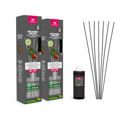 Imagen de CRISTALINAS Pack 2 Recambio Ambientador Hogar Mikado + Cañas Aroma Sándalo y Cedro Sensual Ideal para casa oficina 100% Puro Larga Duración 12 Semanas 2x85ml 0% Alcohol