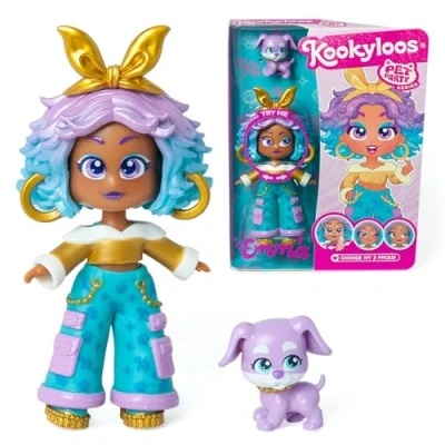 Imagen de Kookyloos Serie Pet Party Emma muñeca coleccionable con un perro de mascota. Incluye la Emma, 1 mascota, ropa y zapatos moda accesorio. ¡1 muñeca, 3 caras diferentes!