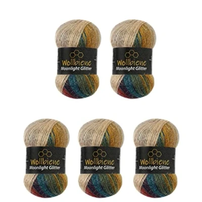 Imagen de Moonlight Glitter Batik Simli Ovillos de lana para tejer, 5 unidades 100 g, 500 gramos, tejer y ganchillo, 20% metálica, turca, degradado (3050, verde ocre castaño)
