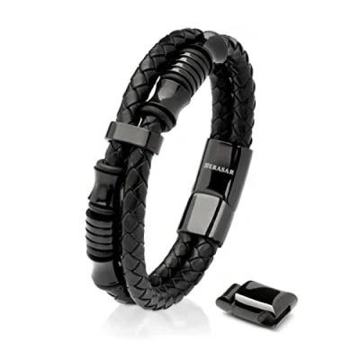 Imagen de SERASAR 20cm Negro Pulsera de Cuero Hombre Pulseras Hombres Brazalete Brazaletes Pulso Muñequera Muñequeras Bisuteria Bisutería Joyeria Nudos Cuerda Cuerdas Bracelet Men Jewellery Unisex Ancha